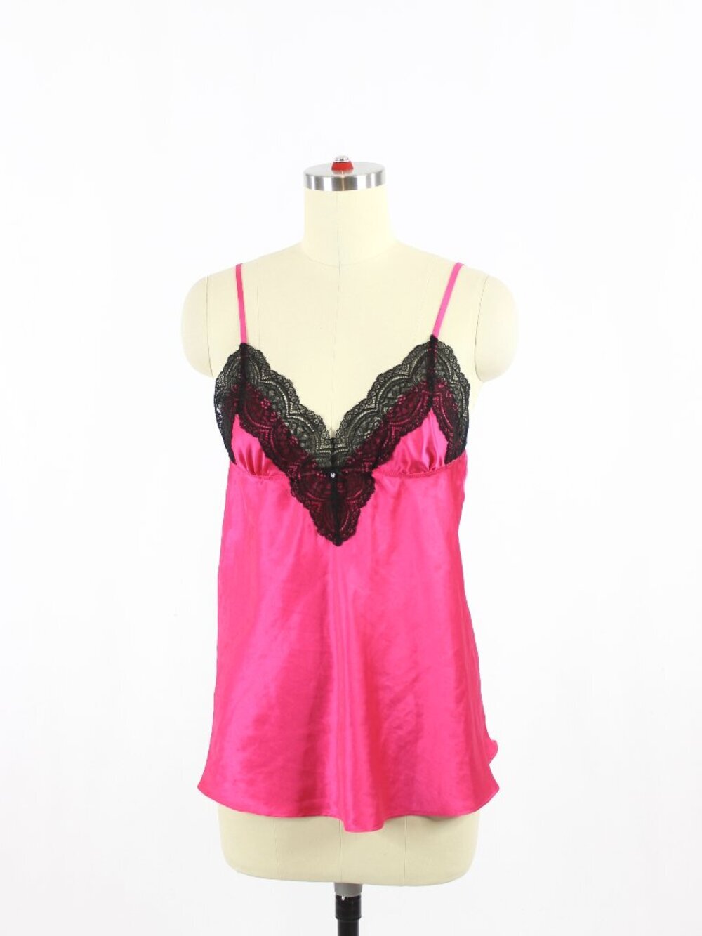 VICTORIA'S SECRET Hot Pink Satin Black Lace Babydoll Camisole Tank Top, Size S